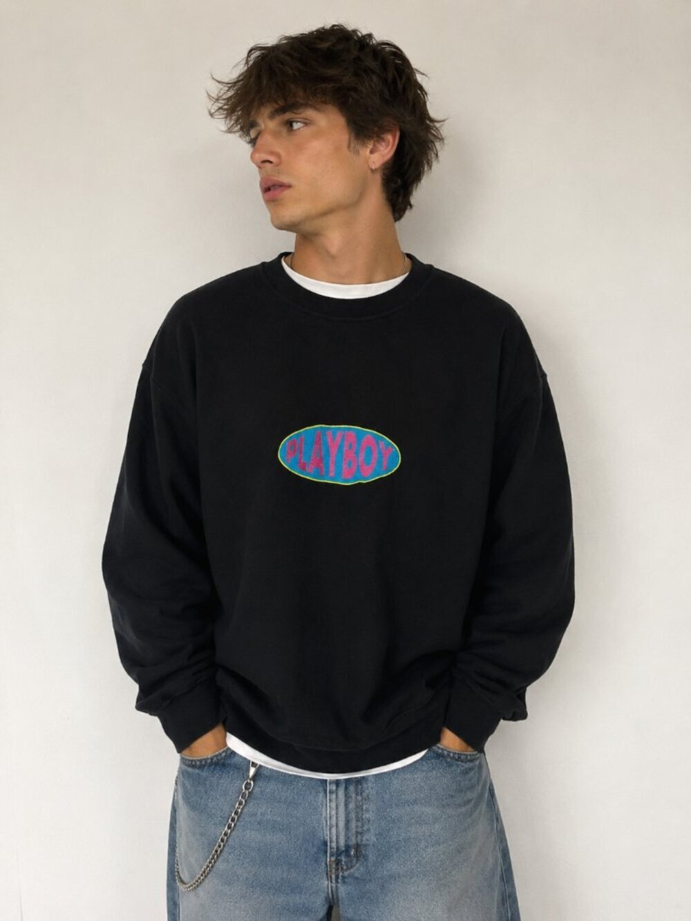 Playboy by PacSun Black Sweatshirt Crewneck Embroidered Logo Y2K Streetwear XL